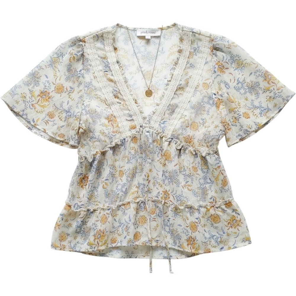 Floral Peplum Top S Cream Blue Boho Cottagecore Lace Flutter Sleeve Fairycore
